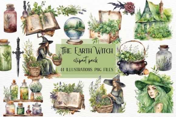 Earth Witch Watercolor Clipart: Herbal Art for Designers