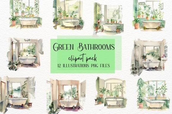 Elevate Your Designs with Watercolor Green Bathroom Interior Clipart
