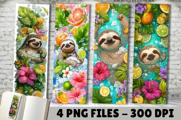 Summer Fruit Hibiscus Sloth Bookmark: A Design Asset