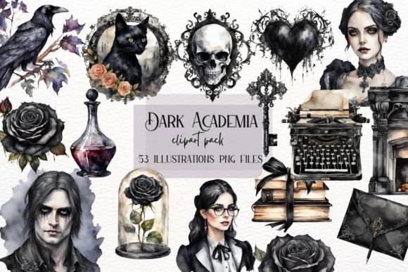Watercolor Gothic Academia Clipart: Elevate Your Design Aesthetic