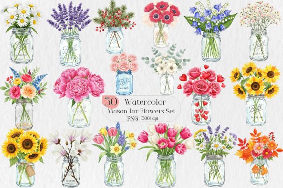 Watercolor Mason Jar Flowers Set: Elevate Your Design Projects