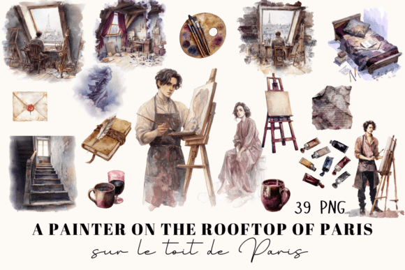 Watercolor Paris Artist Clipart: Evoking 1850s Parisian Charm